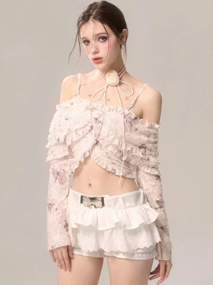 Fairy Ruffle Strap Chiffon Top Butterfly Off-the-shoulder Lace