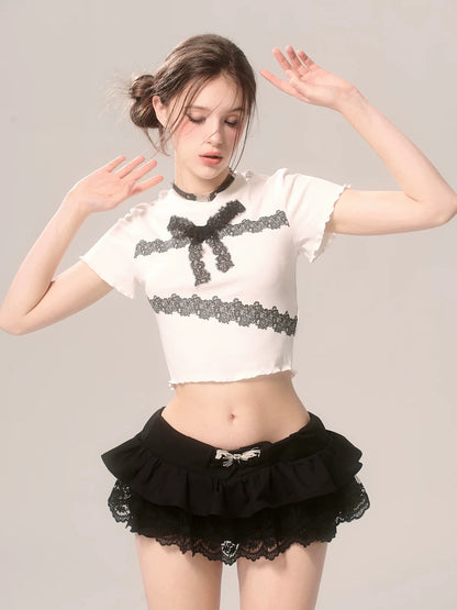 Slim Lace T-Shirt Frill Short Ribbon