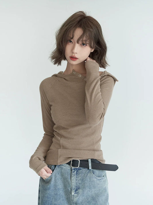 Button Slim Hooded Shoulder Top