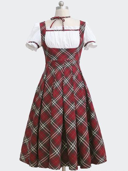 Ruban élégant gâteau bouffant à carreaux manches rouges vintage framboise écossais + robe ras du cou