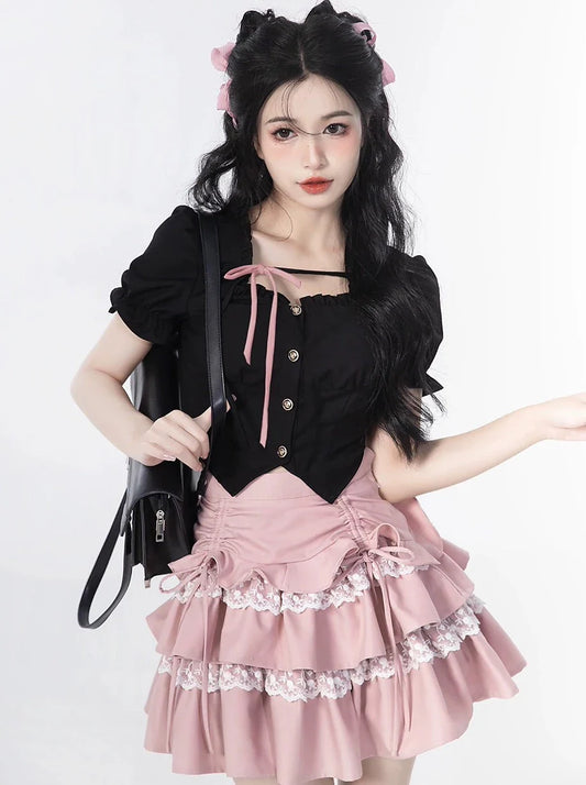 Sleeve + Skirt Cake Square Lace Top Ruffle Neck Puff