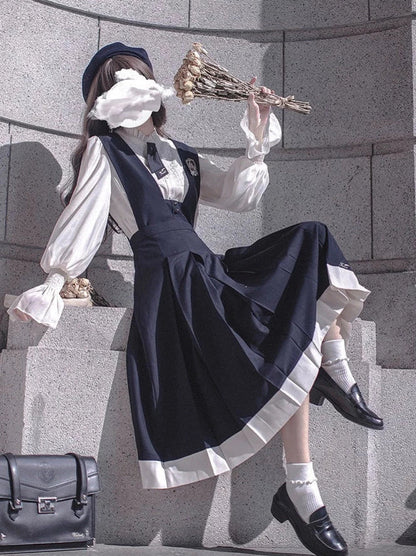 Robe Emblème + Cravate + Chemisier + Volants Rétro Collège Béret Cyan Style Élégant Mousseline