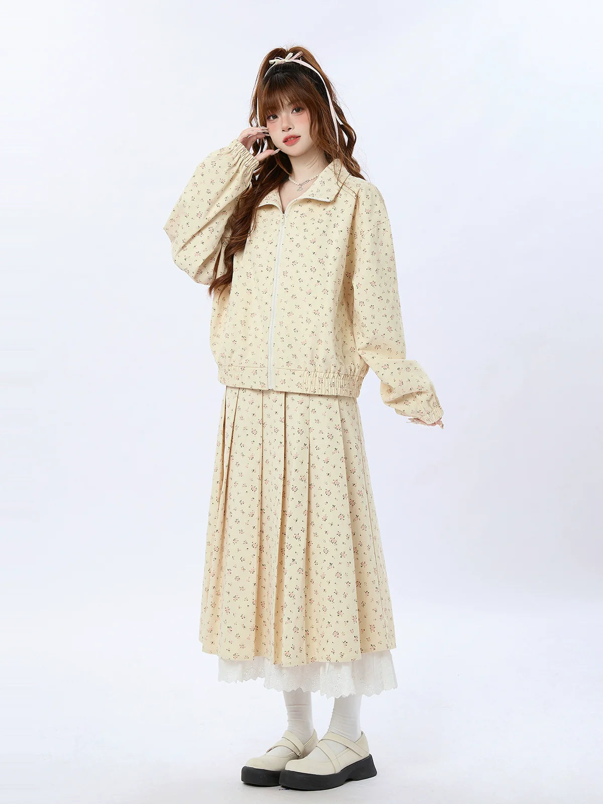 Veste en dentelle plissée zippée, petite, courte/longue + jupe roulée