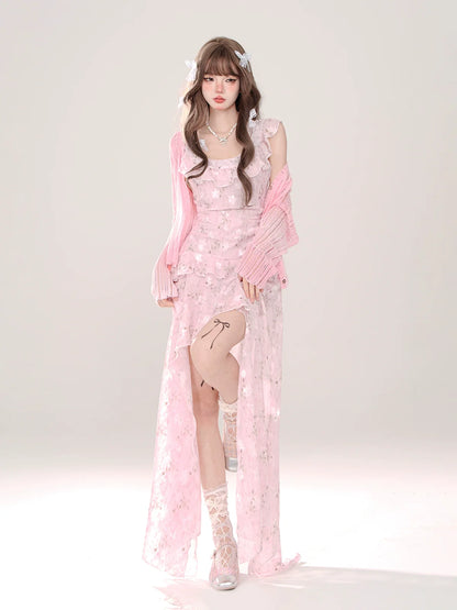 Sheer Floral Ruffle Sweet Dress Cardigan + Irregular Milky Long