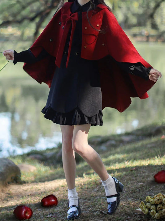 Dress Retro Ruffle Two Coat + Cape Faux Black Red Piece