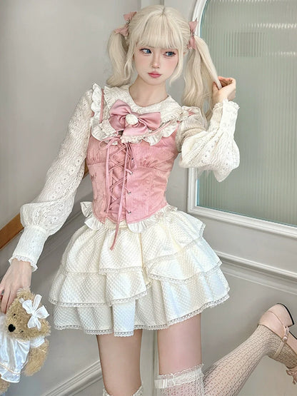 Gilet Fleur + Chemise Princesse + Jupe Gâteau Rose Fille