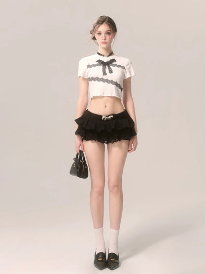 Slim Lace T-Shirt Frill Short Ribbon