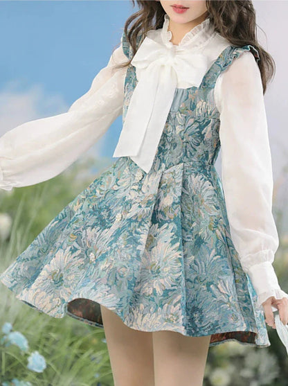 Suspender Forest Taste Oil + Bow Shirt Paint Dress Tie Chiffon Frilled
