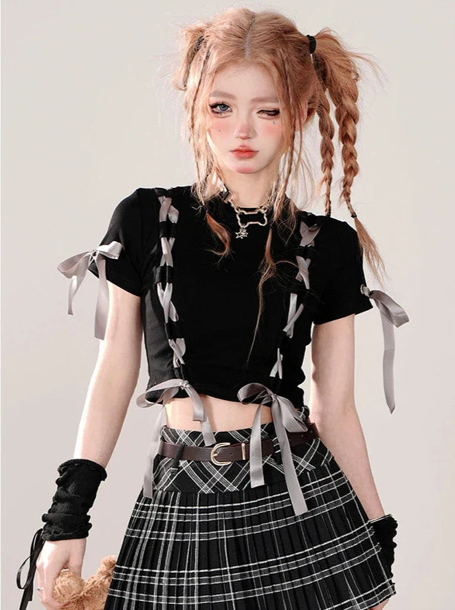 Ribbon T-Shirt Knot Design Love Short Black