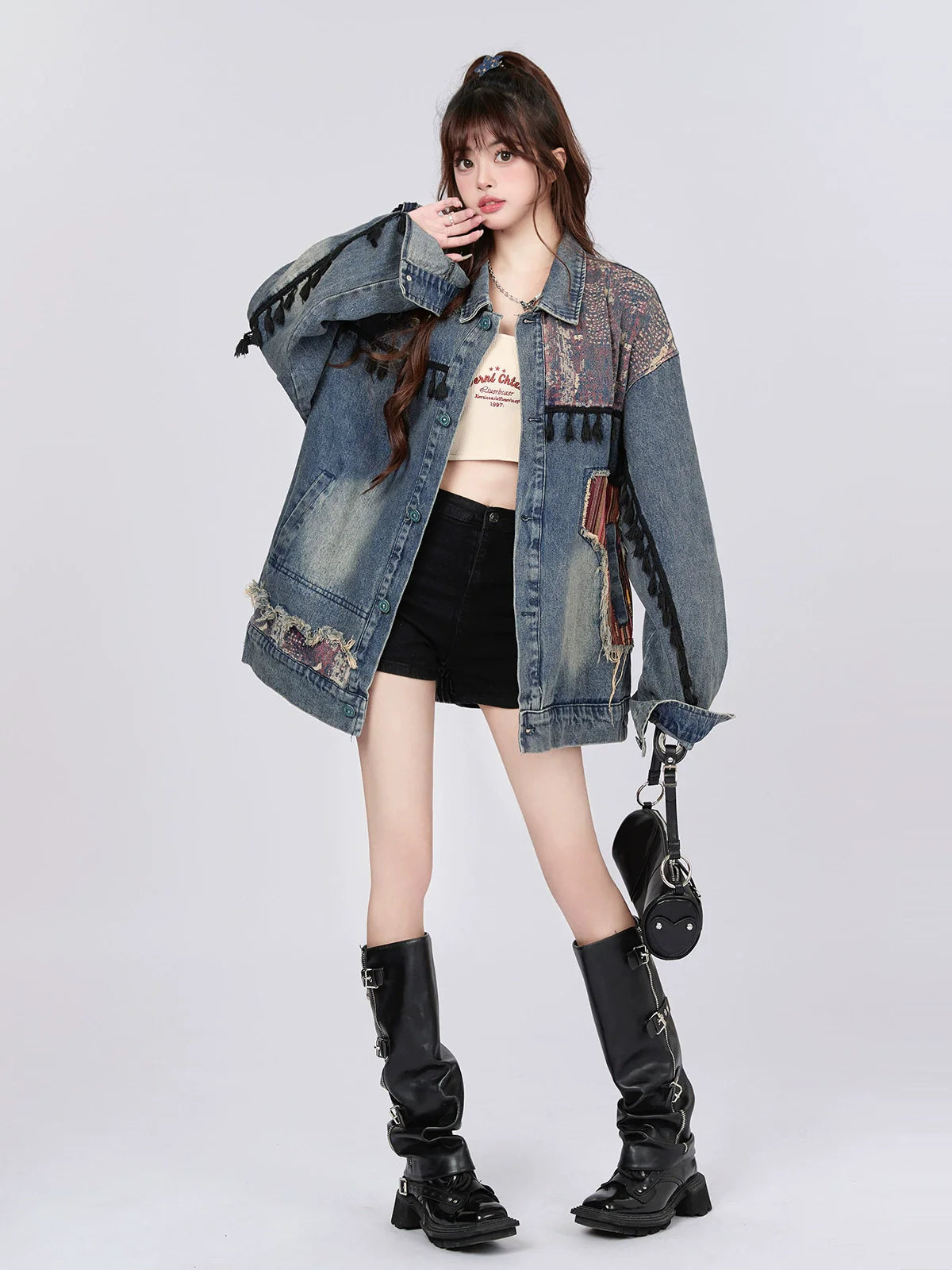 Veste rétro en jean ethnique épissée