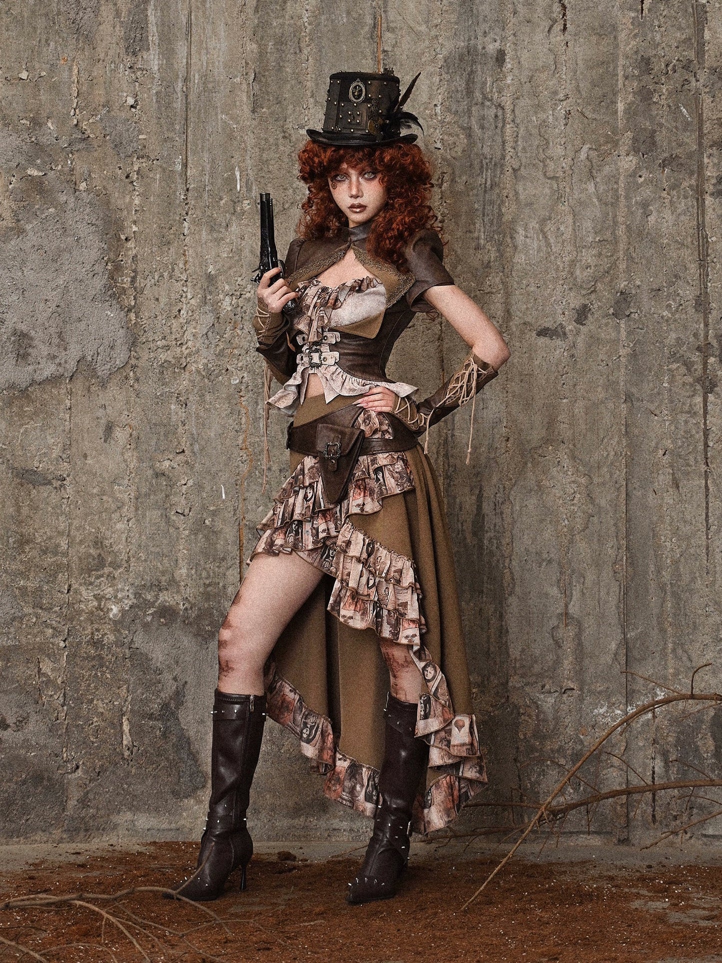 Sac à volants, jupe traînante en PU, taille steampunk, style antique rétro