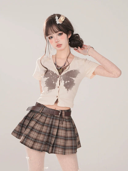 Two Piece Print Top Faux Butterfly Short V-Neck