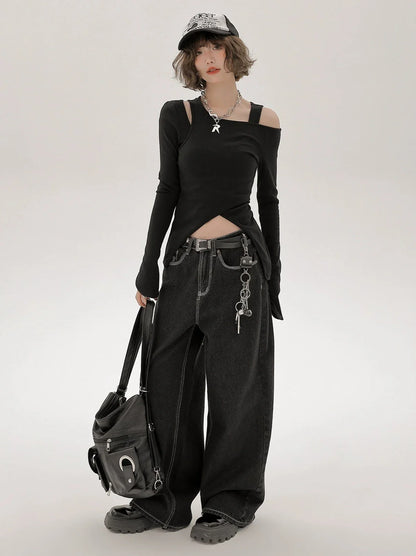 Ensemble de pièces longues asymétriques à épaules dénudées, style américain T, un et deux