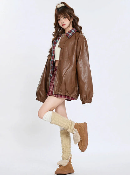 Veste rétro à col à carreaux en cuir ample américain