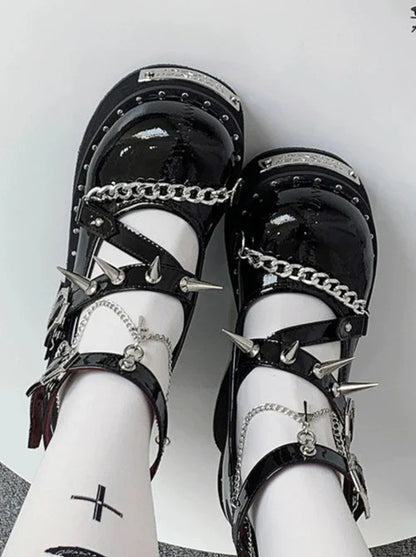 Witch Punk Round Shoes Rivet Dark Rose Platform Toe
