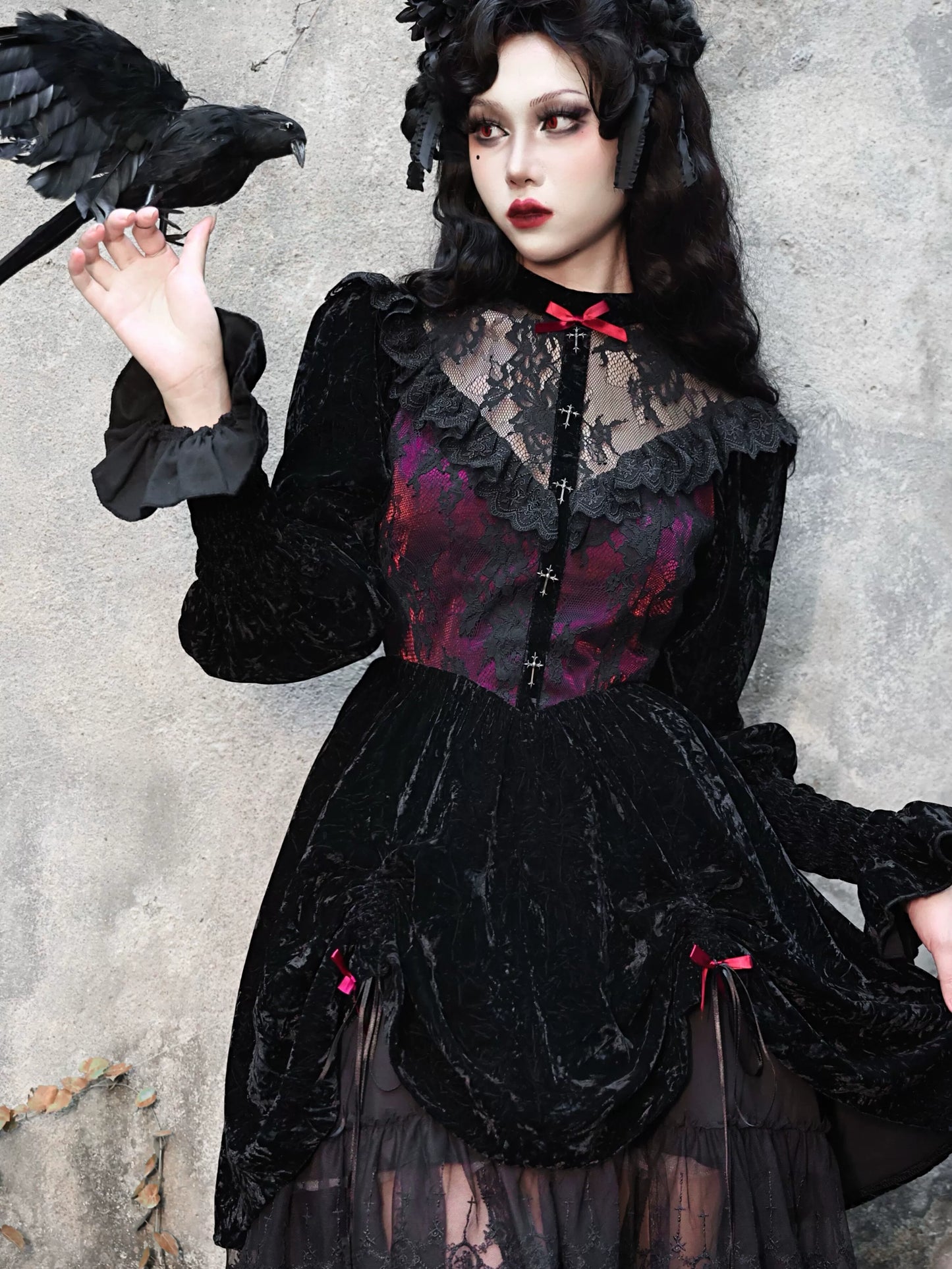 Red Dress Puff Sleeve Velvet Rose Lace Cemetery Gothic Dark