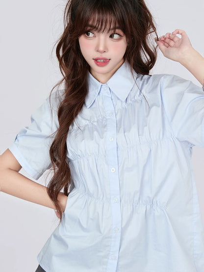 Pleated Blue Design Milk Shirt