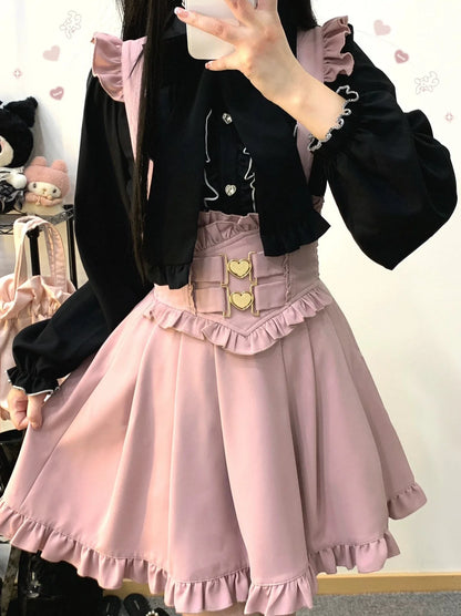 Color Sleep Frill Stand Volume Ribbon Shirt