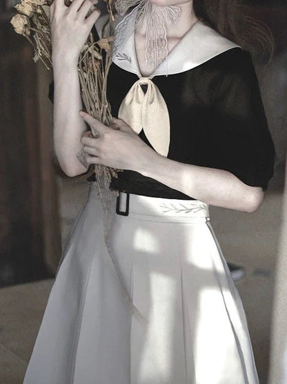 Chemise élégante à manches courtes et oreilles de lapin marin français, style rétro, col bouffant, jupe plissée