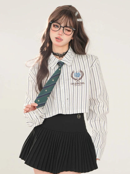 Ensemble cravate style polo court + chemise haute à rayures pour l'école