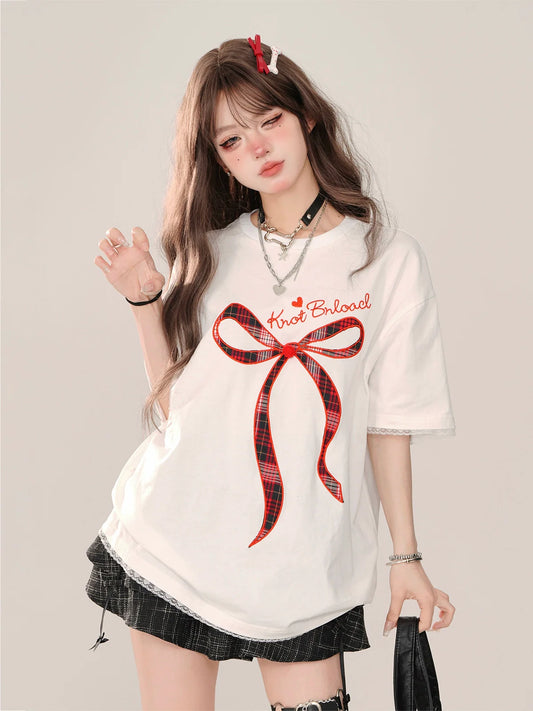 T-shirt ample avec ruban et dentelle pour fête