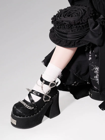 Witch Punk Round Shoes Rivet Dark Rose Platform Toe