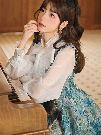 Suspender Forest Taste Oil + Bow Shirt Paint Dress Tie Chiffon Frilled