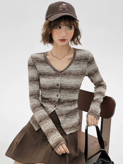 American Retro Knit Striped Cardigan Gradient