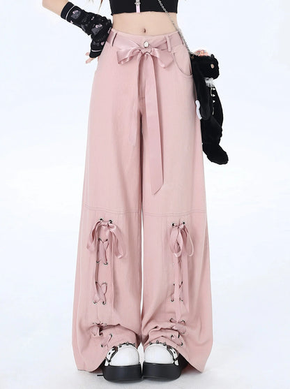 Satin Pants Ribbon Lace-up Loose