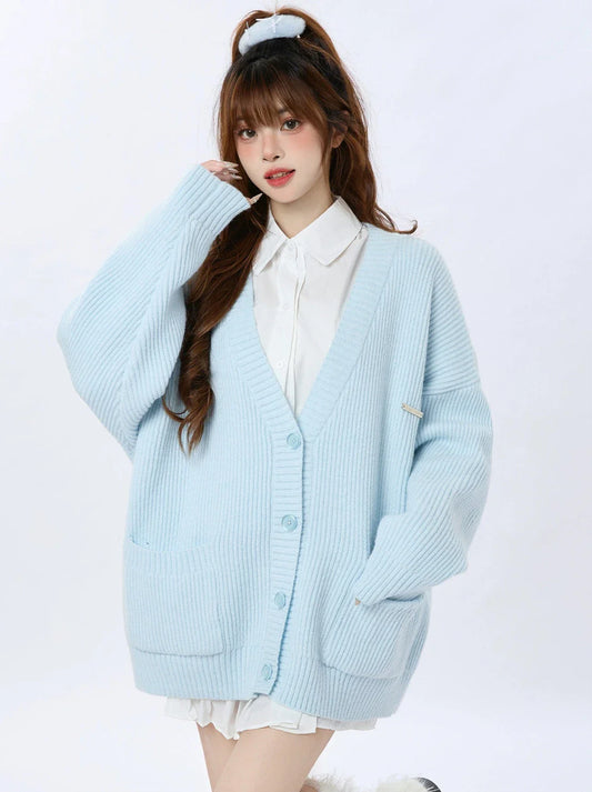 Loose Knit Cardigan Blue Ribbed Cream