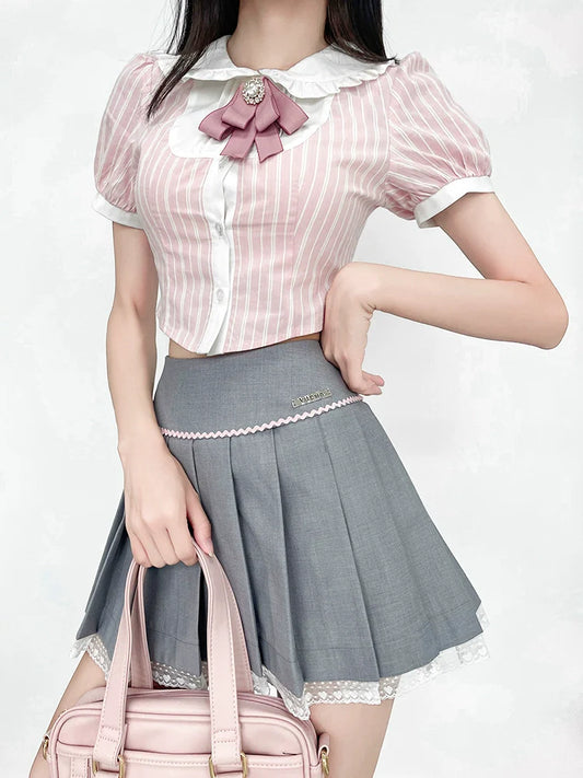 Striped Color Top Ribbon Puff Sleeve Sweet