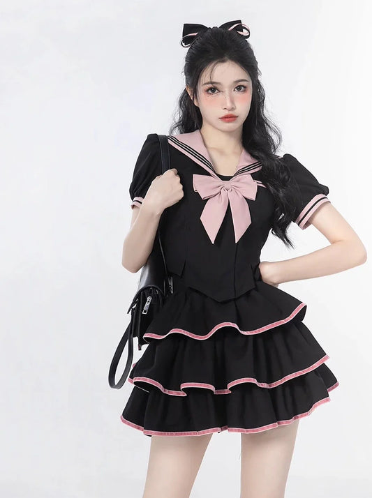 Top Sailor Flared Ribbon Cake + Puff Neck + Sleeve Skirt Waist