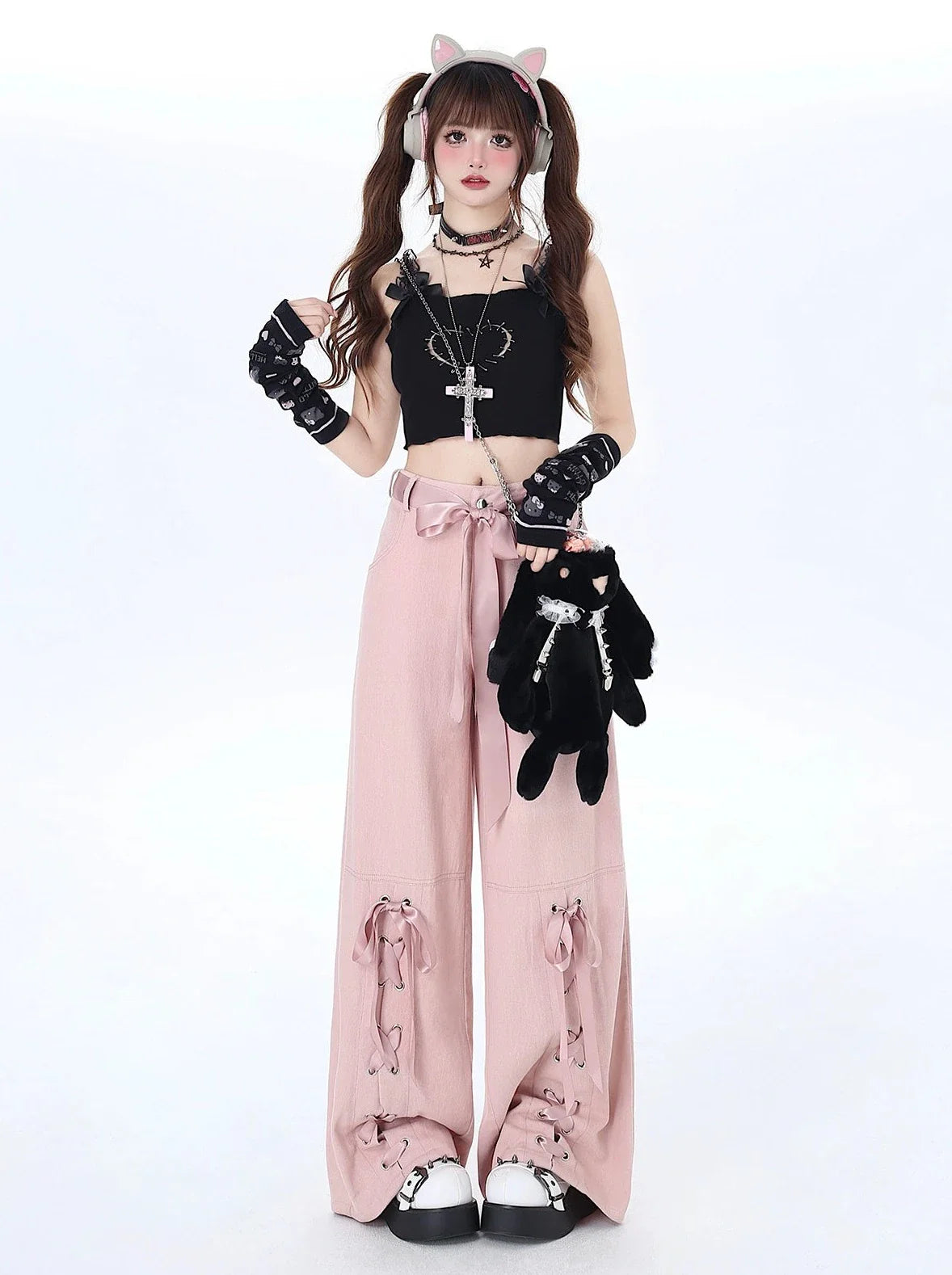 Satin Pants Ribbon Lace-up Loose