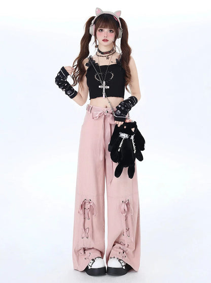 Satin Pants Ribbon Lace-up Loose