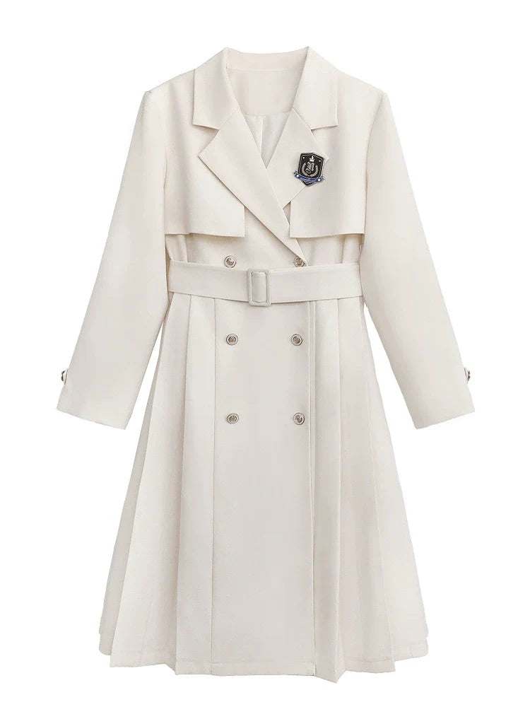 Jupe + Trench Badge Collège Chemise Abricot Manteau Plissé Brodé Métal Ruban Noir