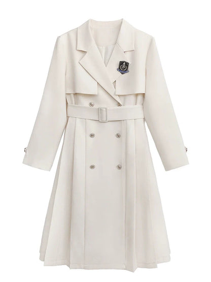 Jupe + Trench Badge Collège Chemise Abricot Manteau Plissé Brodé Métal Ruban Noir