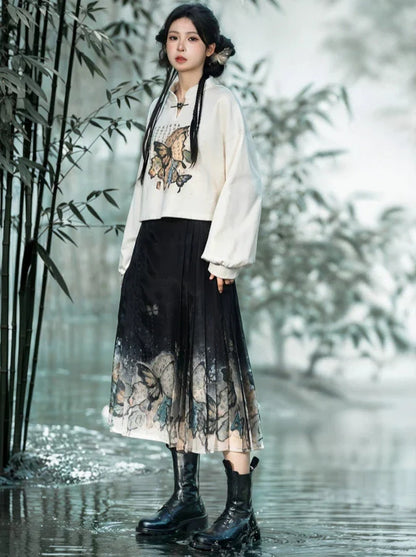 China Sweatshirt Zip + Black Parka Butterfly Dress Design Hoodie Cropped