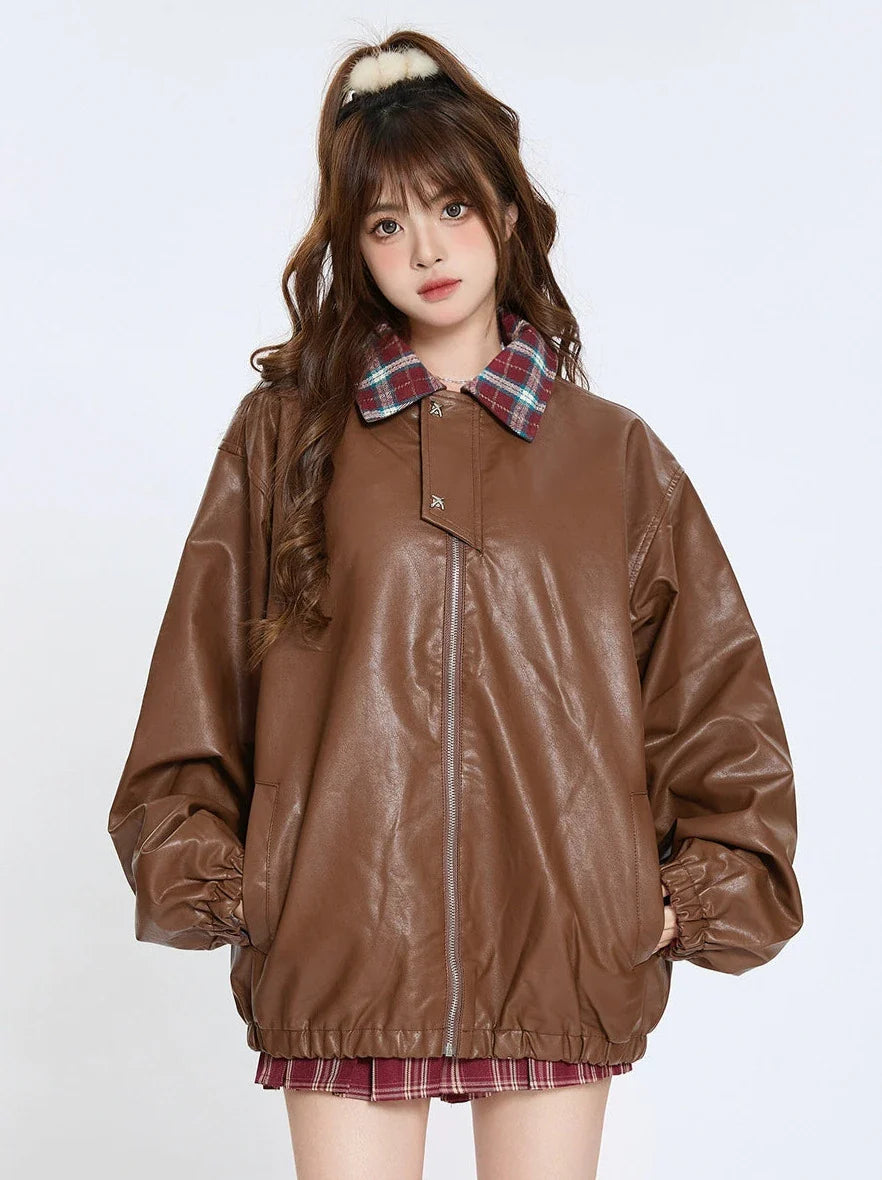 Veste rétro à col à carreaux en cuir ample américain