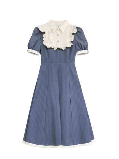 Summer Belt Waist + Collar Dress Ruffle White Retro