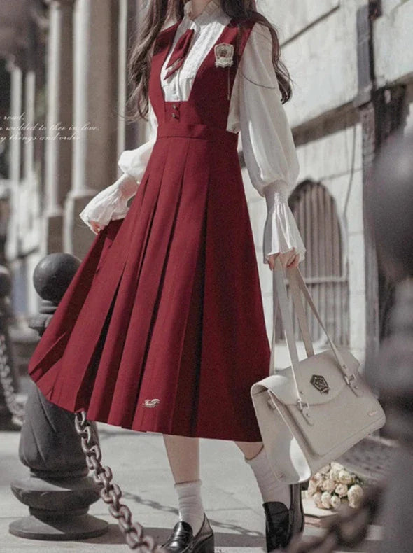 Shirt Retro Chiffon Badge + College Lace Tie + Elegant + Red Red Emblem Sundress