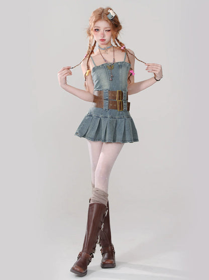 Heißes Retro-Denim-Plissee-Stil-Kleid-Mädchen-Hosenträger