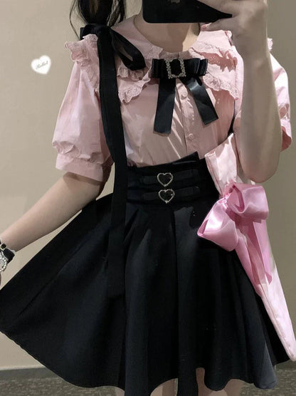 リボンショルダーレザーバックルサスペンダーカート