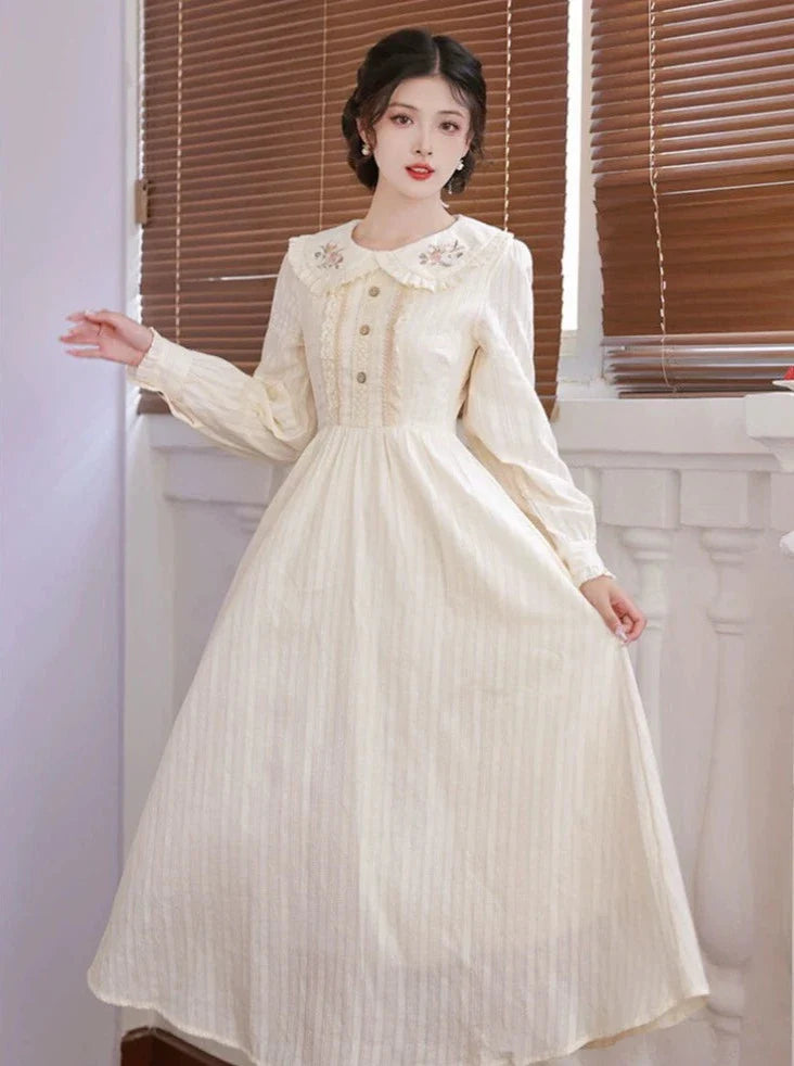 White Long Retro Pure Dress Flared