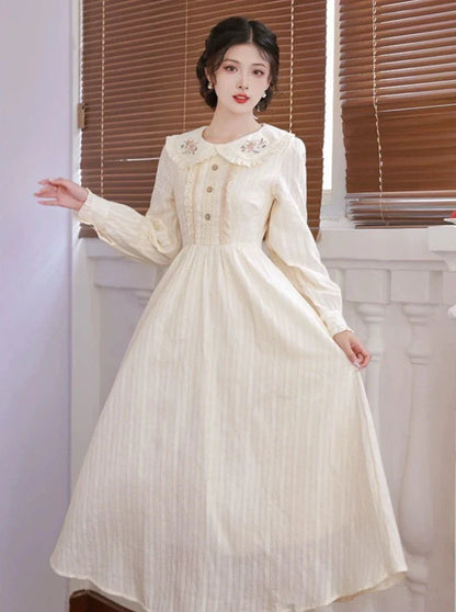 White Long Retro Pure Dress Flared