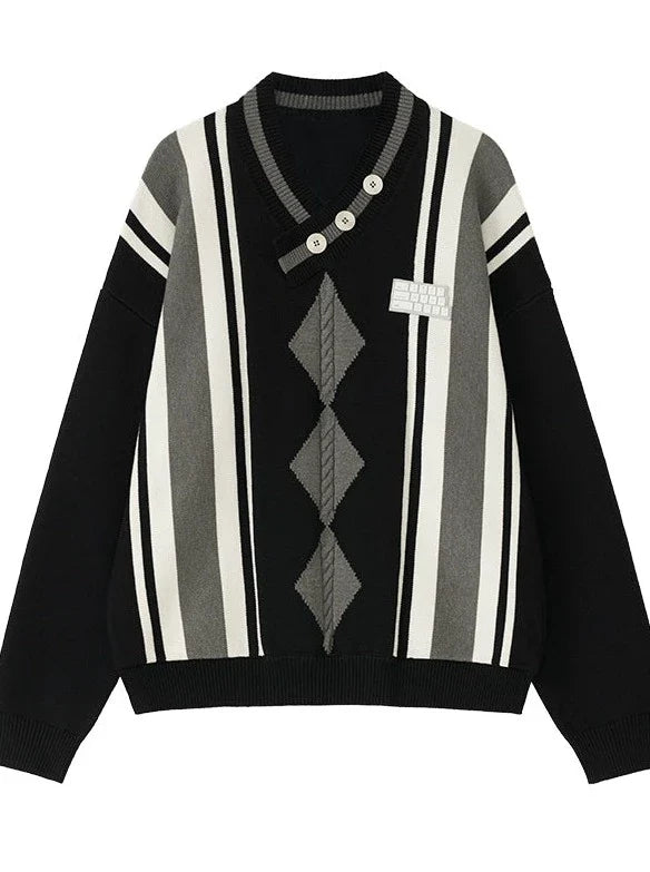 Stripe Letter Art Argyle Sweater