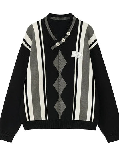 Stripe Letter Art Argyle Sweater
