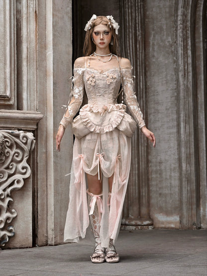 Court Strap Lace Ballet Cardigan Tops Crochet Sleeve Inner Off-Shoulder