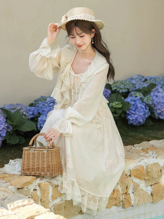 Robe en dentelle florale à volants sur les épaules, veste imprimée romantique