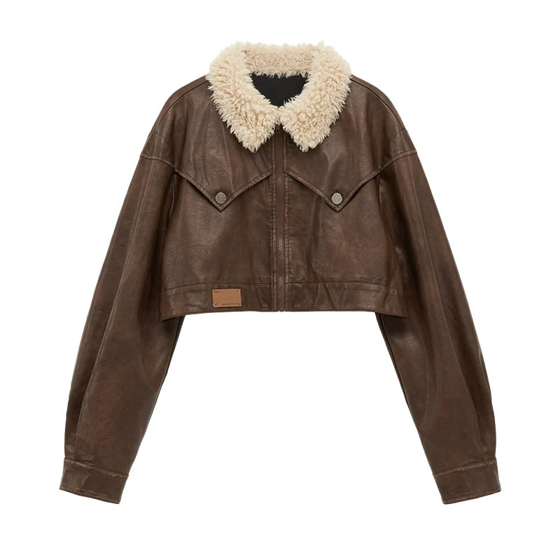 Osh Design Leather Fur Collar Jacket + Short Leather Pants