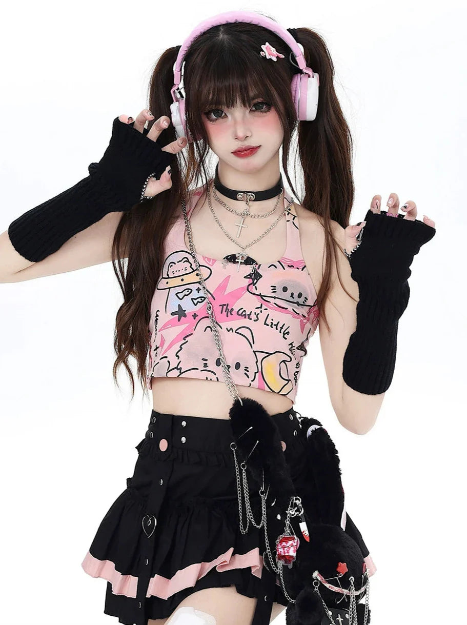 Pure Cute Print Halter Neck Top Graffiti Cat